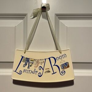 Decorative Ceramic “Laundry Room” Hanging Plaque in blue and cream colors